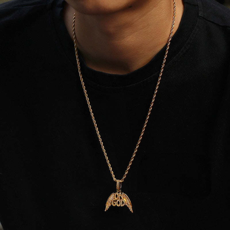 Cubic-Zirconia-Studded "On God" Bling Hip-hop Pendant Necklace-Necklaces-Innovato Design-Gold-6mm Cuban-22inch-Innovato Design