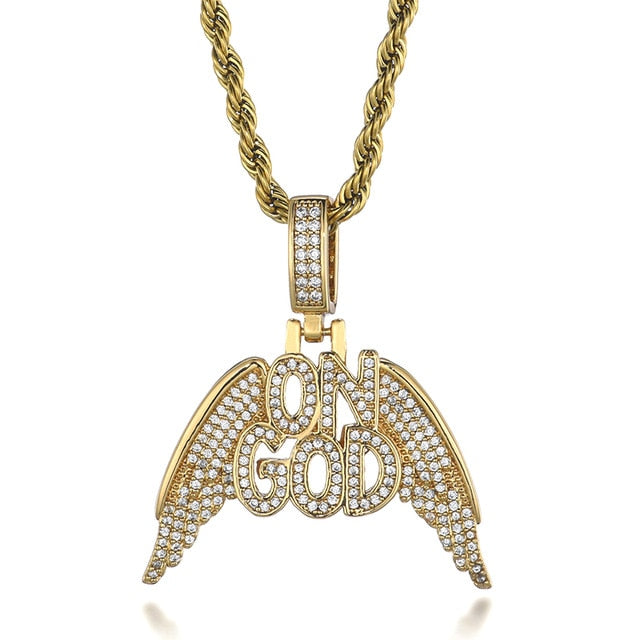 Cubic-Zirconia-Studded "On God" Bling Hip-hop Pendant Necklace-Necklaces-Innovato Design-Gold-6mm Cuban-22inch-Innovato Design