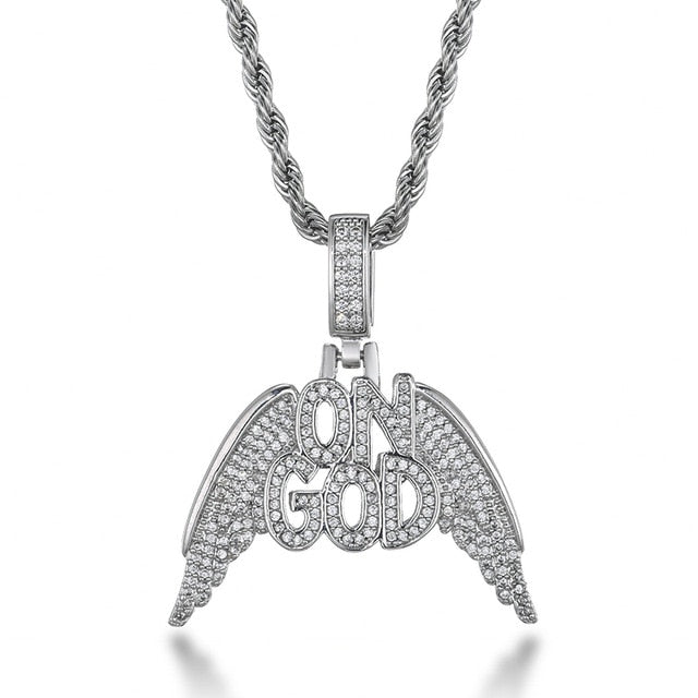 Cubic-Zirconia-Studded "On God" Bling Hip-hop Pendant Necklace-Necklaces-Innovato Design-Silver-6mm Cuban-20inch-Innovato Design