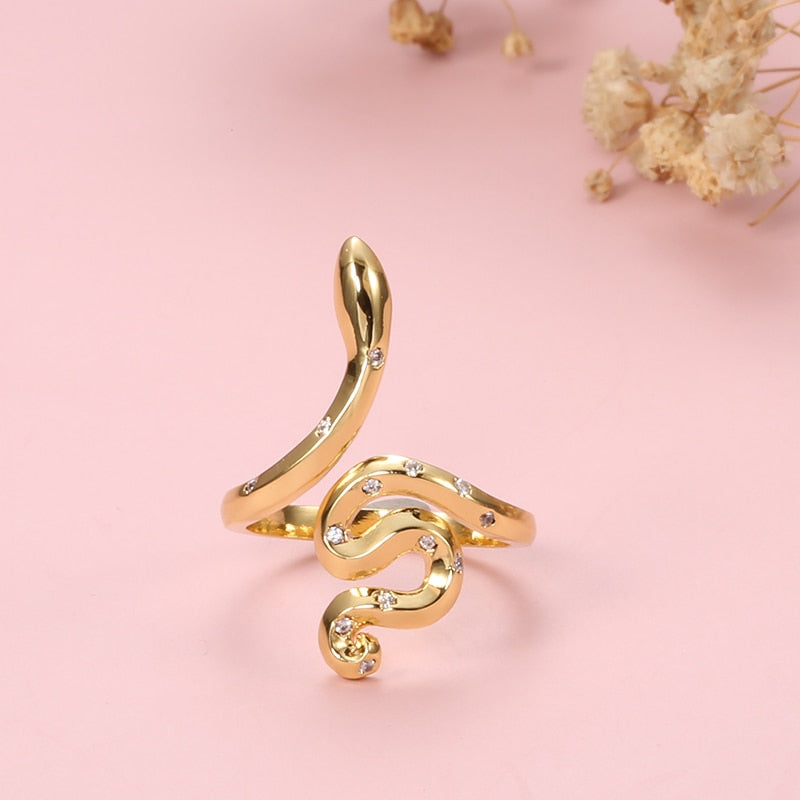 Snake Cubic Zirconia Stainless Steel Adjustable Fashion Ring-Rings-Innovato Design-Innovato Design