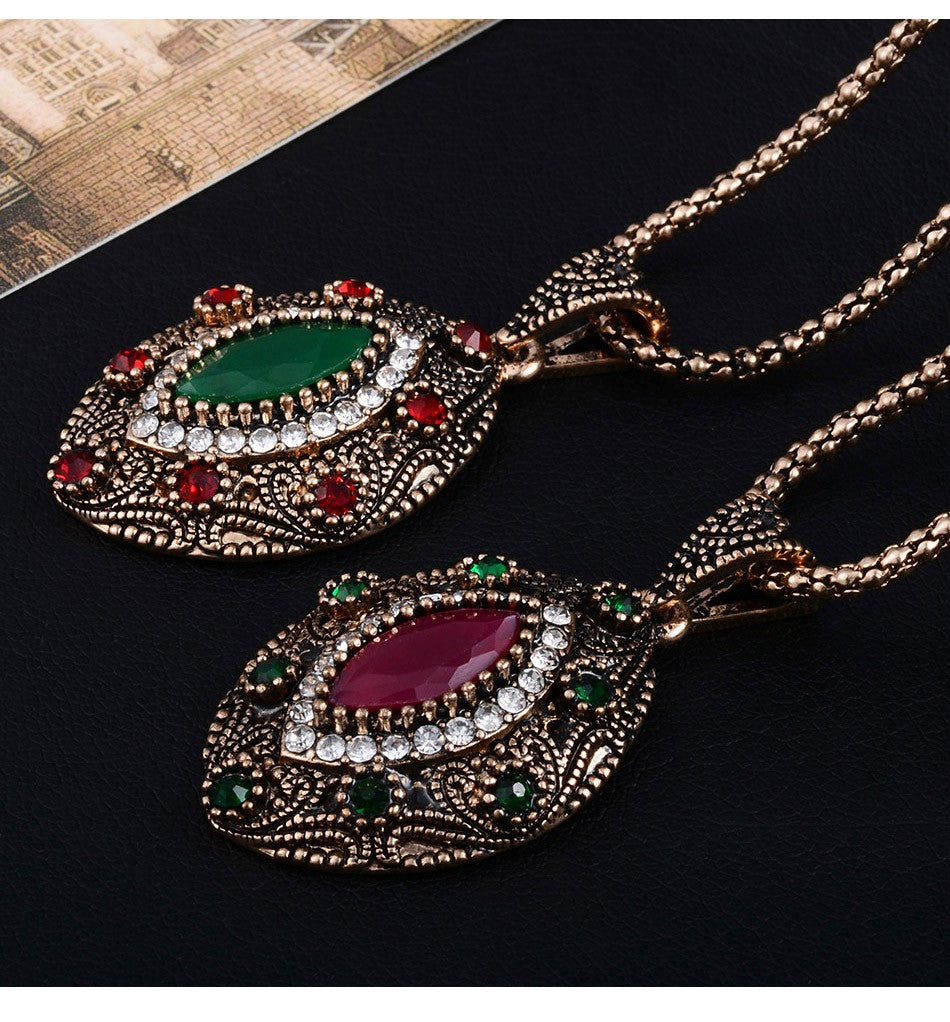 Luxury Indian and Turkish Crystal Flower Necklace & Earrings Vintage Jewelry Set-Jewelry Sets-Innovato Design-Red Green-Innovato Design