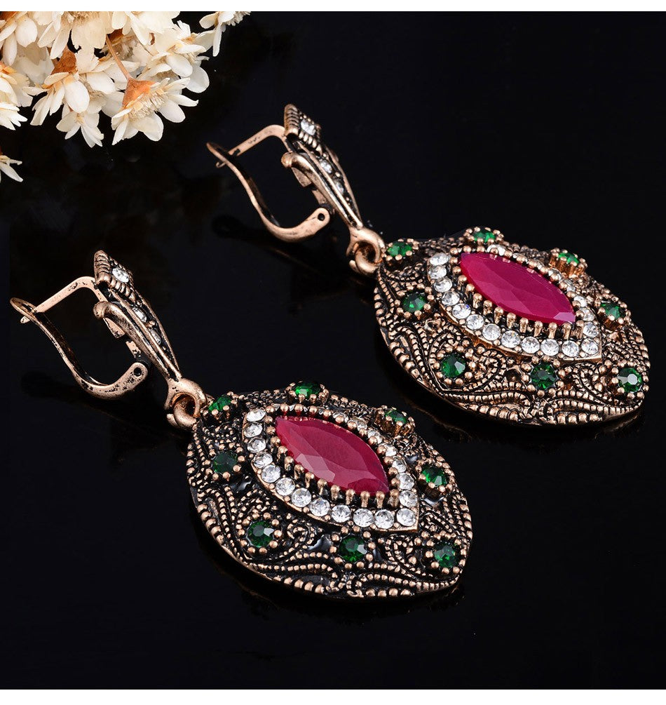 Luxury Indian and Turkish Crystal Flower Necklace & Earrings Vintage Jewelry Set-Jewelry Sets-Innovato Design-Red Green-Innovato Design