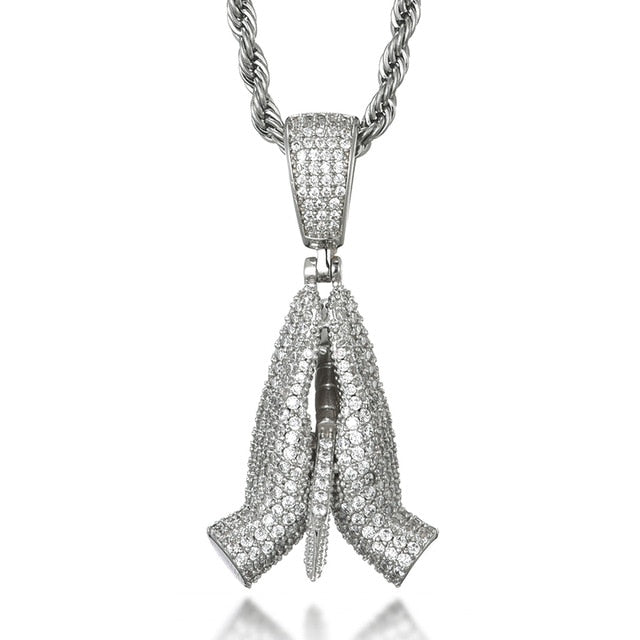 Cubic-Zirconia-Studded Praying Hands Hip-hop Pendant Necklace-Necklaces-Innovato Design-Innovato Design