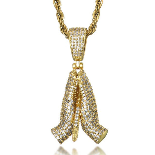 Cubic-Zirconia-Studded Praying Hands Hip-hop Pendant Necklace-Necklaces-Innovato Design-Innovato Design