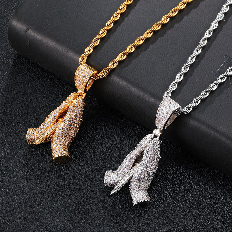 Cubic-Zirconia-Studded Praying Hands Hip-hop Pendant Necklace-Necklaces-Innovato Design-Innovato Design