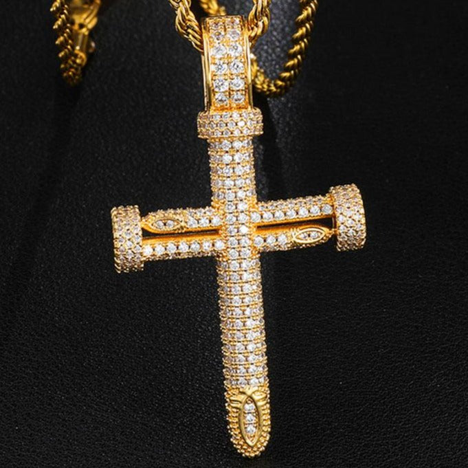 Cubic Zirconia Studded Big Nail Cross Hip-hop Pendant Necklace-Necklaces-Innovato Design-Gold-4mm Rope-22in-Innovato Design