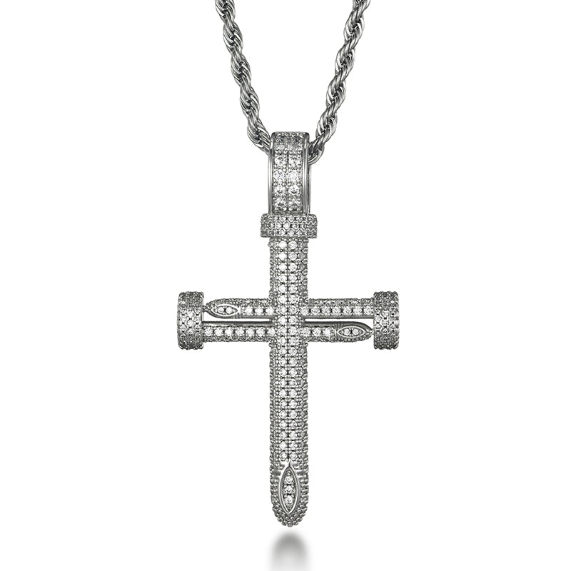 Cubic Zirconia Studded Big Nail Cross Hip-hop Pendant Necklace-Necklaces-Innovato Design-Silver-4mm Rope-22in-Innovato Design