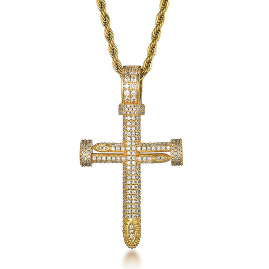 Cubic Zirconia Studded Big Nail Cross Hip-hop Pendant Necklace-Necklaces-Innovato Design-Gold-4mm Rope-20in-Innovato Design