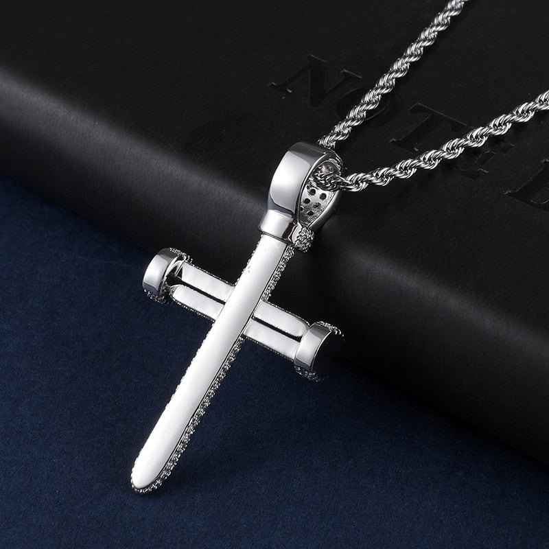 Cubic Zirconia Studded Big Nail Cross Hip-hop Pendant Necklace-Necklaces-Innovato Design-Gold-4mm Rope-22in-Innovato Design