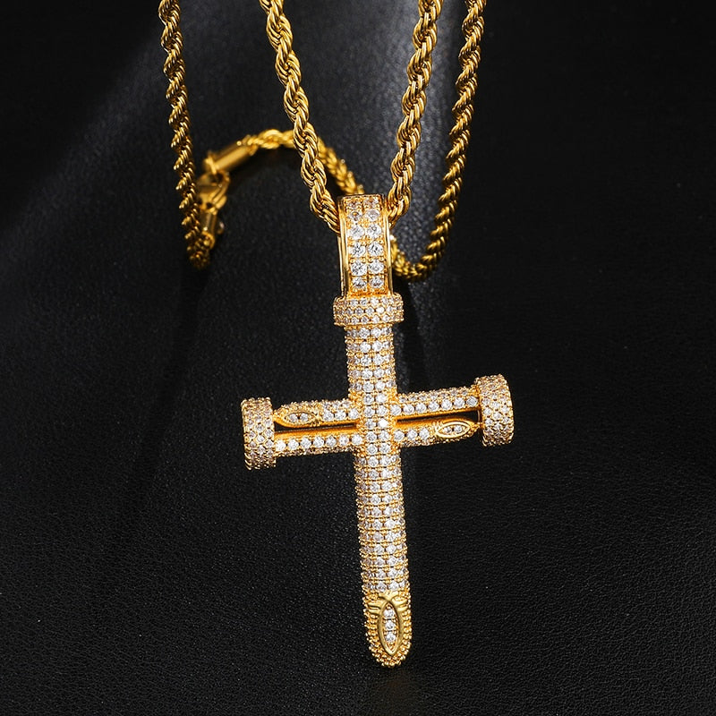 Cubic Zirconia Studded Big Nail Cross Hip-hop Pendant Necklace-Necklaces-Innovato Design-Gold-4mm Rope-22in-Innovato Design