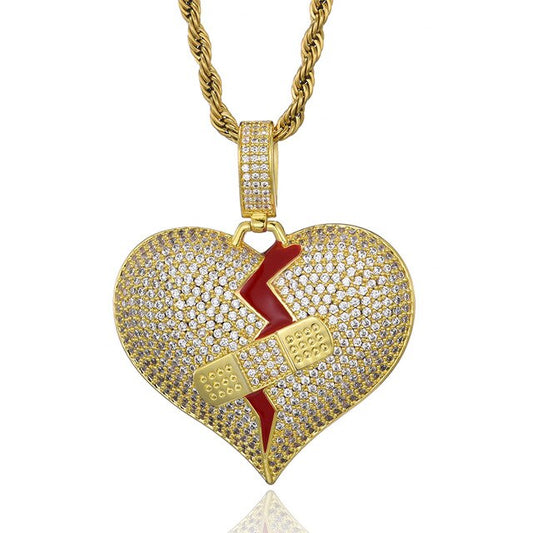Cubic-Zirconia-Studded Broken Heart with Bandage Hip-hop Pendant Necklace-Necklaces-Innovato Design-Gold-4mm Rope-20in-Innovato Design