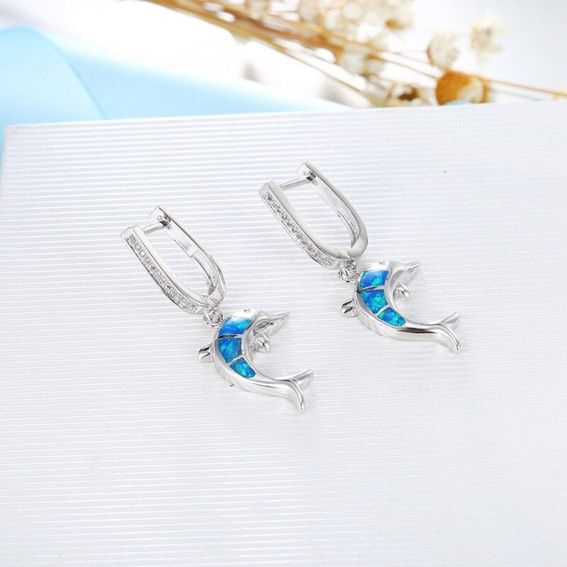 Cute Dolphin Fire Opal Necklace & Earrings Classic Fashion Jewelry Set-Jewelry Sets-Innovato Design-White-Innovato Design