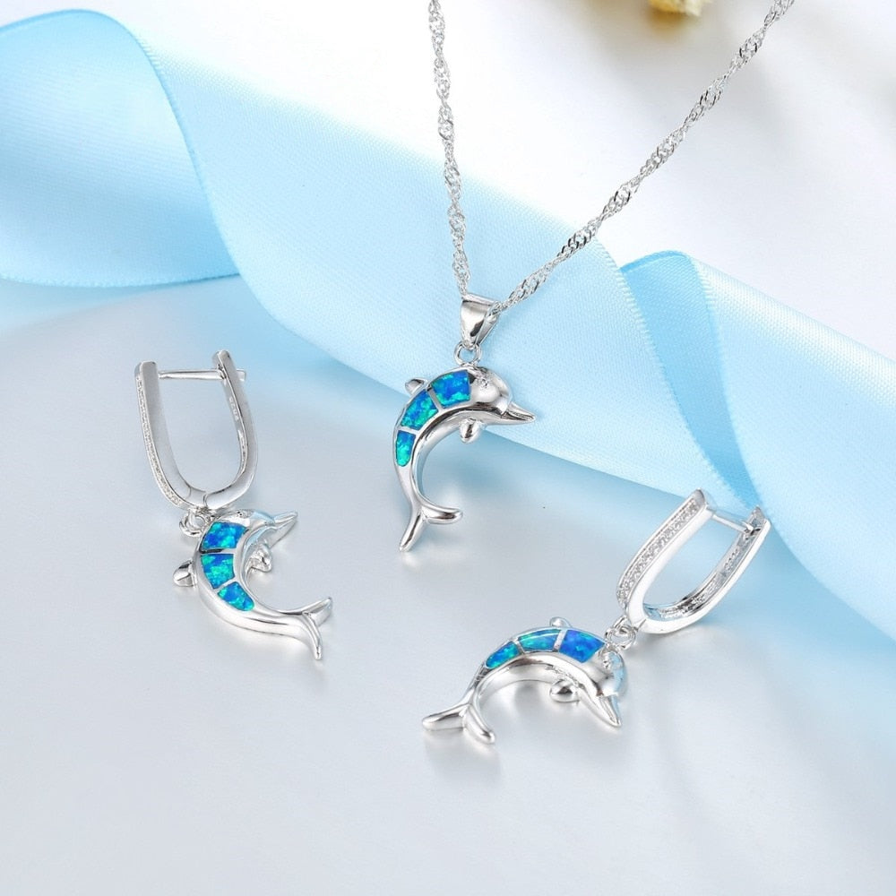 Cute Dolphin Fire Opal Necklace & Earrings Classic Fashion Jewelry Set-Jewelry Sets-Innovato Design-White-Innovato Design