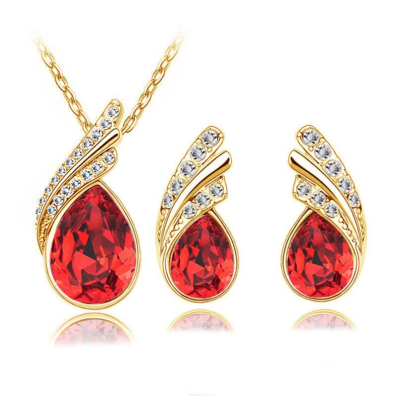 Austrian Crystal Feather Necklace & Earrings Fashion Jewelry Set-Jewelry Sets-Innovato Design-Gold Red-Innovato Design