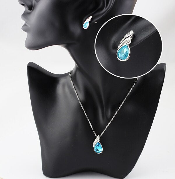 Austrian Crystal Feather Necklace & Earrings Fashion Jewelry Set-Jewelry Sets-Innovato Design-Ocean Blue-Innovato Design