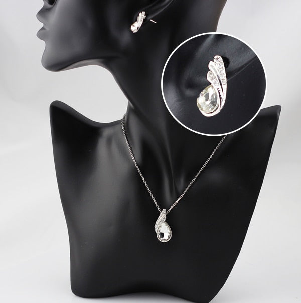 Austrian Crystal Feather Necklace & Earrings Fashion Jewelry Set-Jewelry Sets-Innovato Design-Ocean Blue-Innovato Design