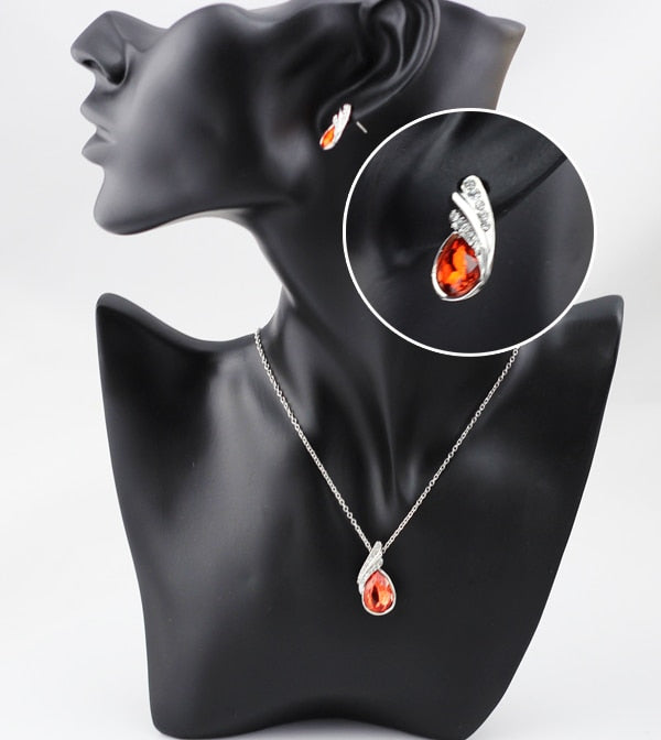 Austrian Crystal Feather Necklace & Earrings Fashion Jewelry Set-Jewelry Sets-Innovato Design-Ocean Blue-Innovato Design