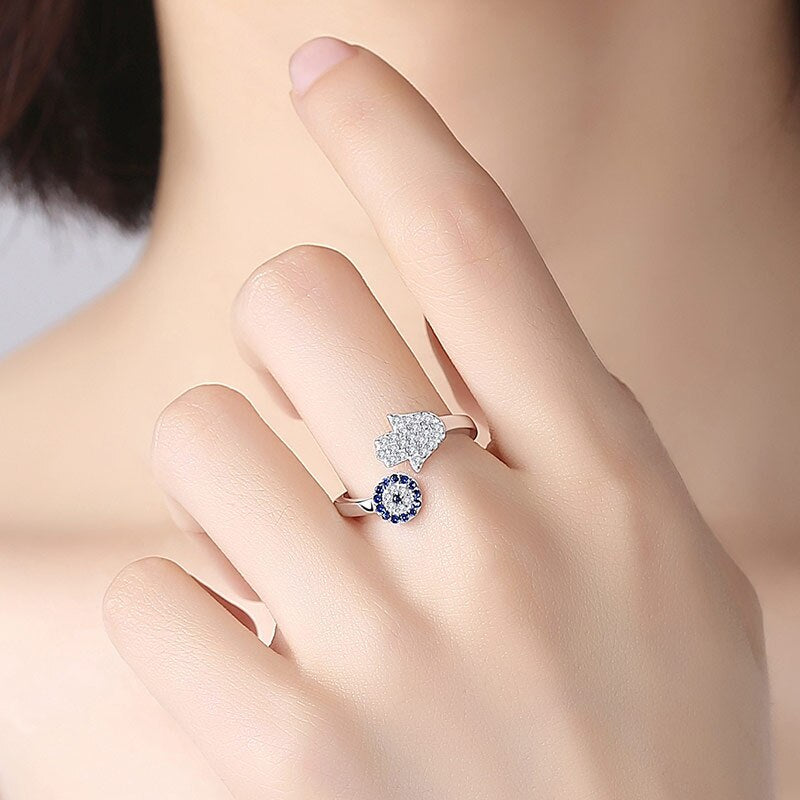 Lucky Hamsa Hand and Evil Eye 925 Sterling Silver Adjustable Open Cuff Wedding Ring-Necklaces-Innovato Design-Resizable-Gold-Innovato Design