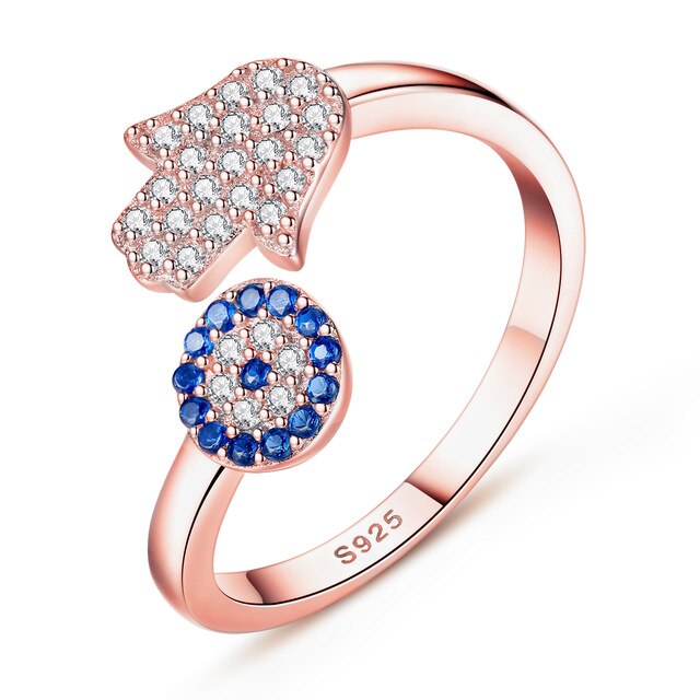 Lucky Hamsa Hand and Evil Eye 925 Sterling Silver Adjustable Open Cuff Wedding Ring-Necklaces-Innovato Design-Resizable-Rose Gold-Innovato Design