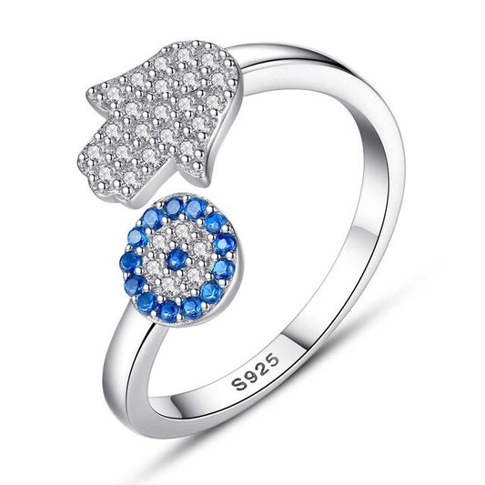Lucky Hamsa Hand and Evil Eye 925 Sterling Silver Adjustable Open Cuff Wedding Ring-Necklaces-Innovato Design-Resizable-Silver-Innovato Design