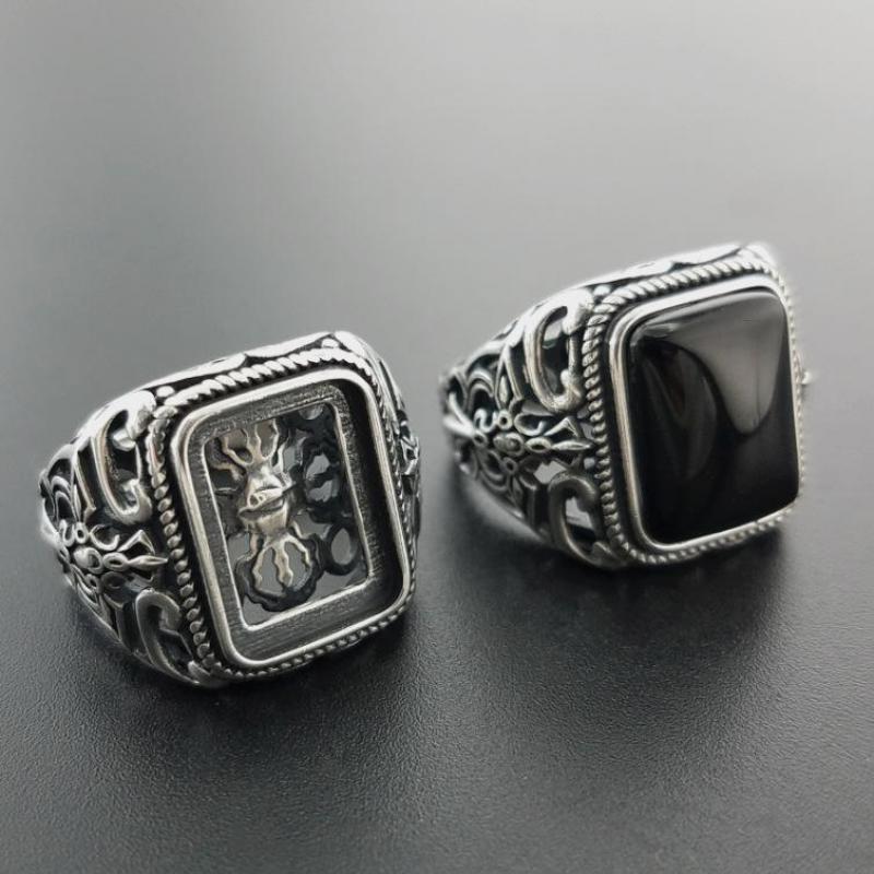 Natural Square Black Onyx Stone and Hollow Cross 925 Sterling Silver Vintage Punk Ring-Rings-Innovato Design-Innovato Design