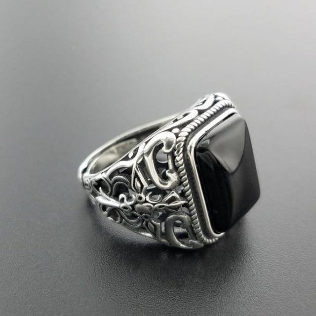 Natural Square Black Onyx Stone and Hollow Cross 925 Sterling Silver Vintage Punk Ring-Rings-Innovato Design-Innovato Design