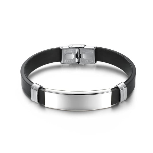Custom Engrave Smooth Black Leather and Stainless Steel Fashion Bracelet