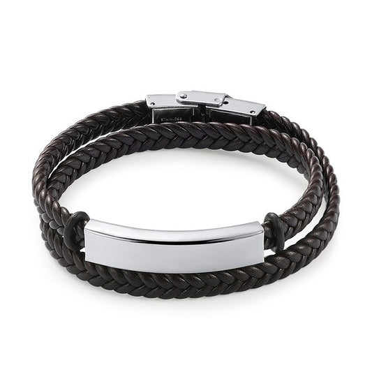 Custom Engrave Double Smooth Leather and Stainless Steel Fashion Bracelet