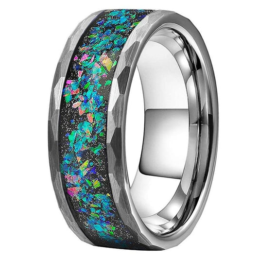 8mm Opal Inlay Multi-Faceted Silver Tungsten Wedding Ring-Rings-Innovato Design-7-Innovato Design