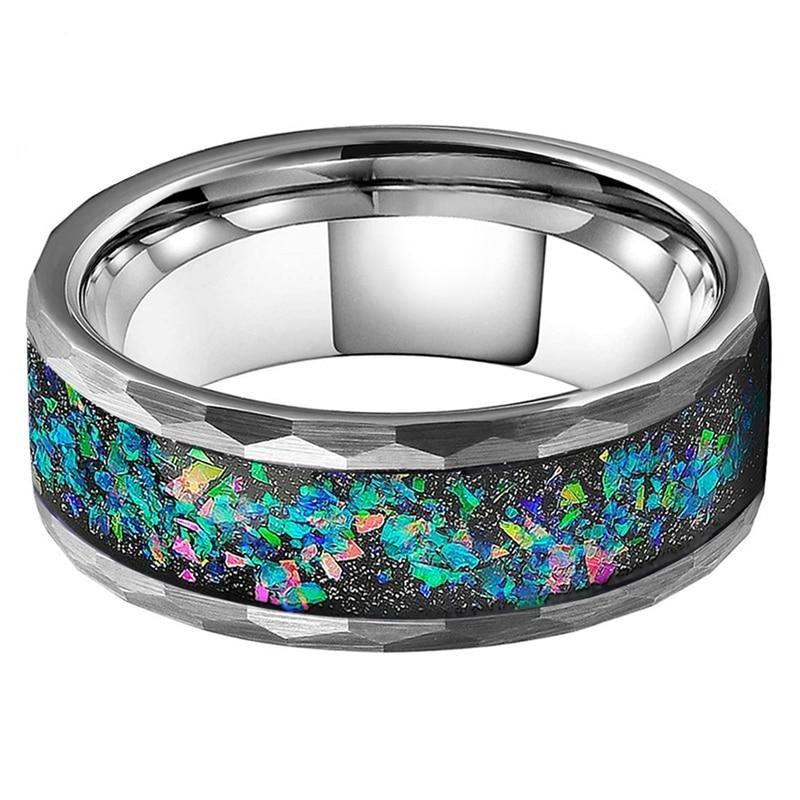 8mm Opal Inlay Multi-Faceted Silver Tungsten Wedding Ring-Rings-Innovato Design-7-Innovato Design