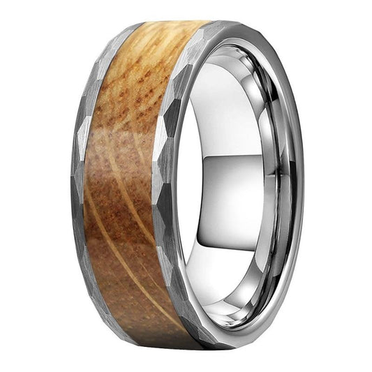 8mm Whiskey Barrel Oak Wood Inlay Multi-Faceted Tungsten Wedding Band-Rings-Innovato Design-7-Innovato Design