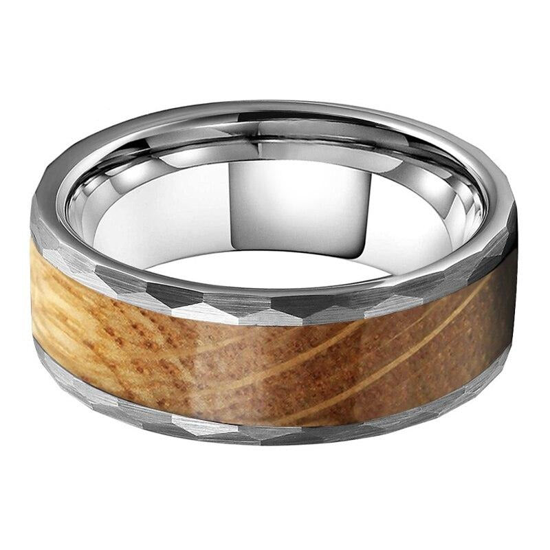 8mm Whiskey Barrel Oak Wood Inlay Multi-Faceted Tungsten Wedding Band-Rings-Innovato Design-7-Innovato Design