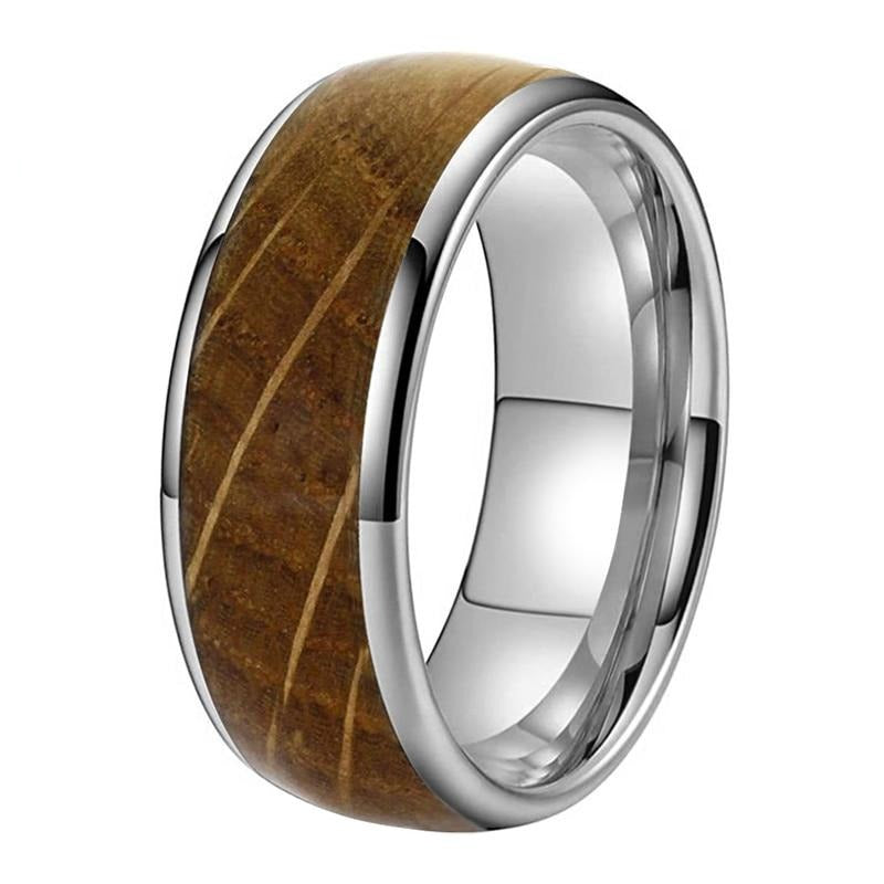 8mm Whiskey Barrel Oak Wood Inlay Dome Band Tungsten Wedding Ring ...