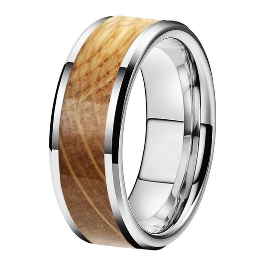 8mm Whiskey Barrel Oak Wood Inlay Flat Band and Beveled Edges Tungsten Wedding Band-Rings-Innovato Design-7-Innovato Design