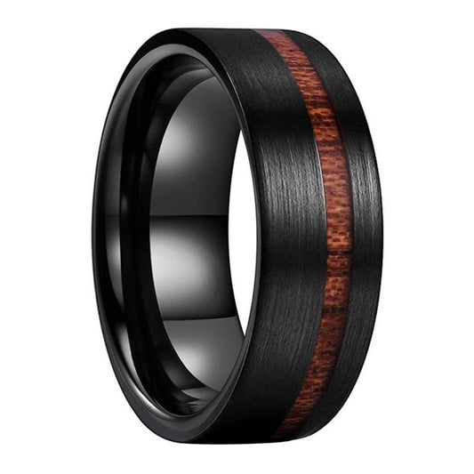 8mm Real Wood Inlay Flat Band Black Brushed Tungsten Carbide Wedding Ring-Rings-Innovato Design-7-Innovato Design