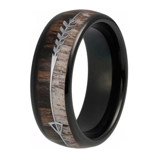 8mm Arrow Inlay Deer Antler and Zebra Wood Tungsten Carbide Ring