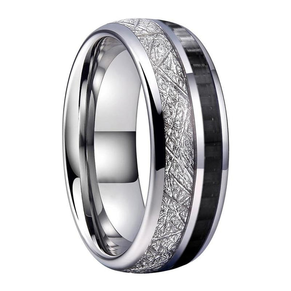 8mm Black Carbon Fiber and Bright Meteorite Inlay Tungsten Wedding Ring-Rings-Innovato Design-9-Innovato Design