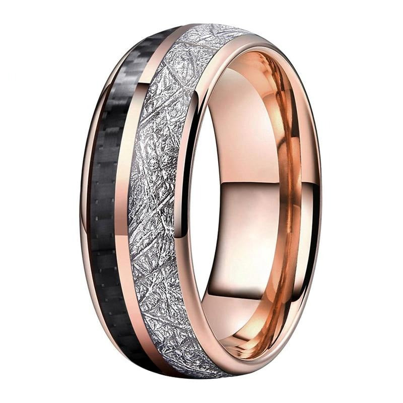 8mm Black Carbon Fiber and Bright Meteorite Inlay Rose Gold Tungsten Wedding Band-Rings-Innovato Design-7-Innovato Design