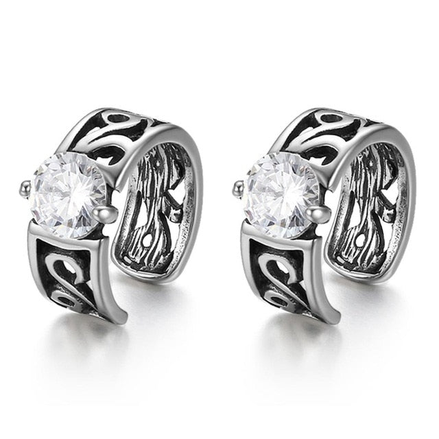 Cubic Zirconia Inlay Stainless Steel Vintage Clip Earrings-Earrings-Innovato Design-White-Innovato Design