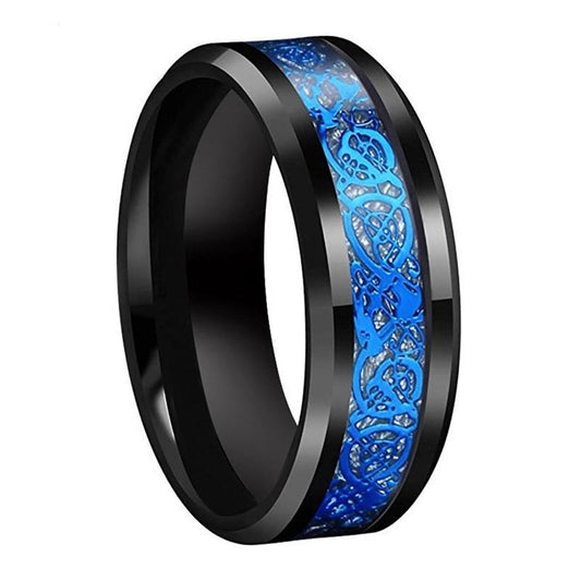 8mm Blue Dragon Inlay with Bright Meteorite Black-Plated Tungsten Wedding Band
