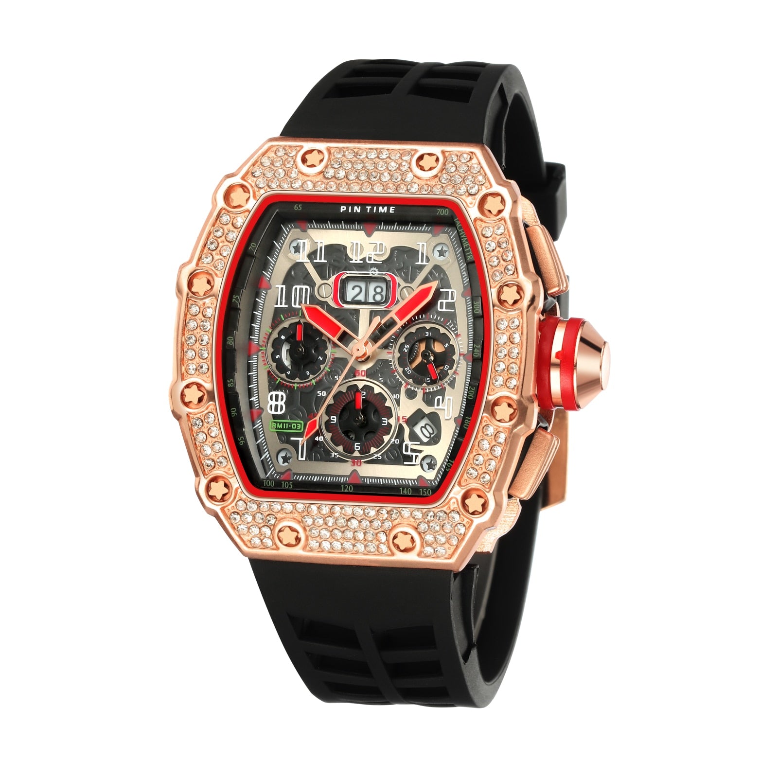 Cool Sports and Military Diamond-Studded Chronograph Silicone Band Fashion Hip-hop Quartz Watch-Watches-Innovato Design-Black Red-Innovato Design