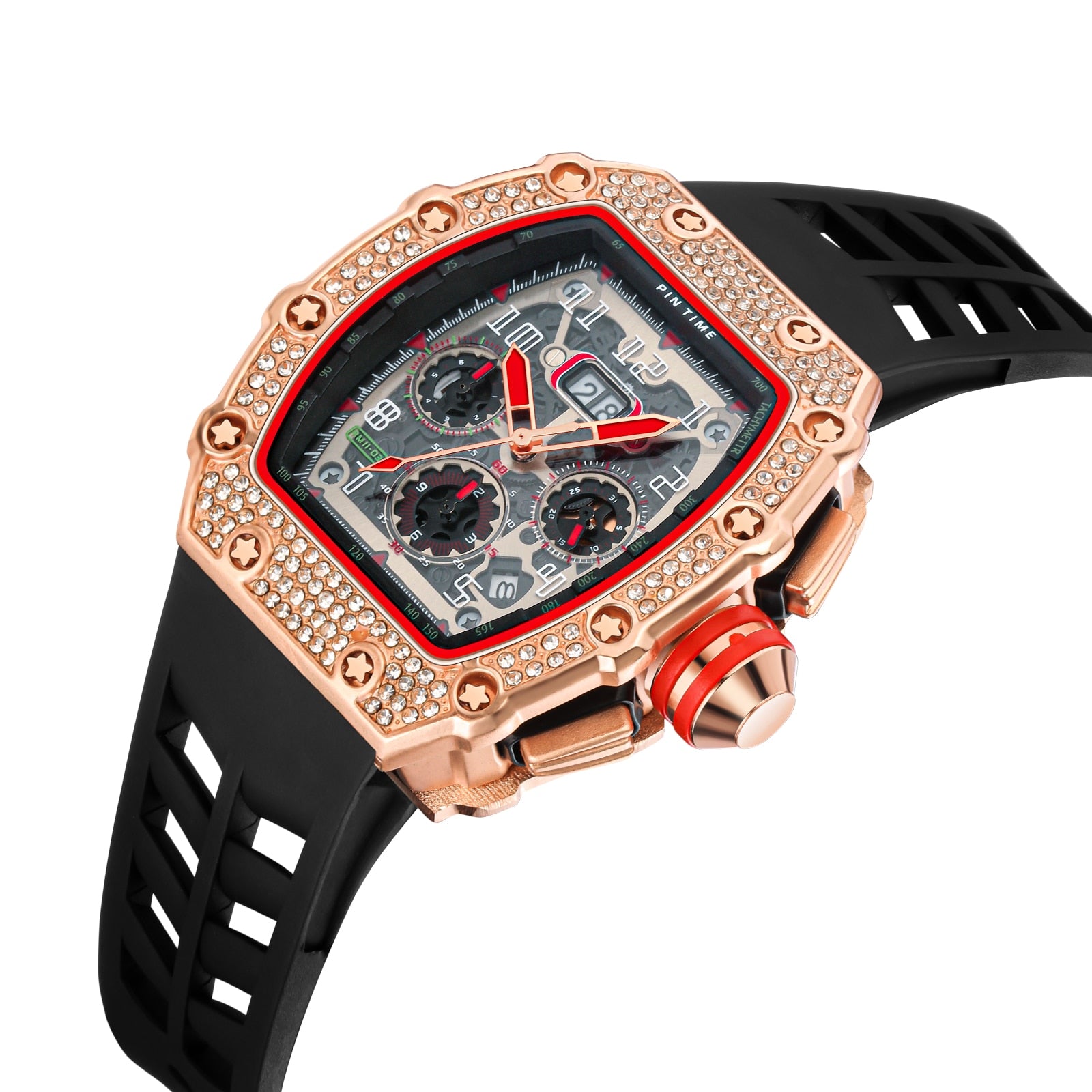 Cool Sports and Military Diamond-Studded Chronograph Silicone Band Fashion Hip-hop Quartz Watch-Watches-Innovato Design-Black Red-Innovato Design