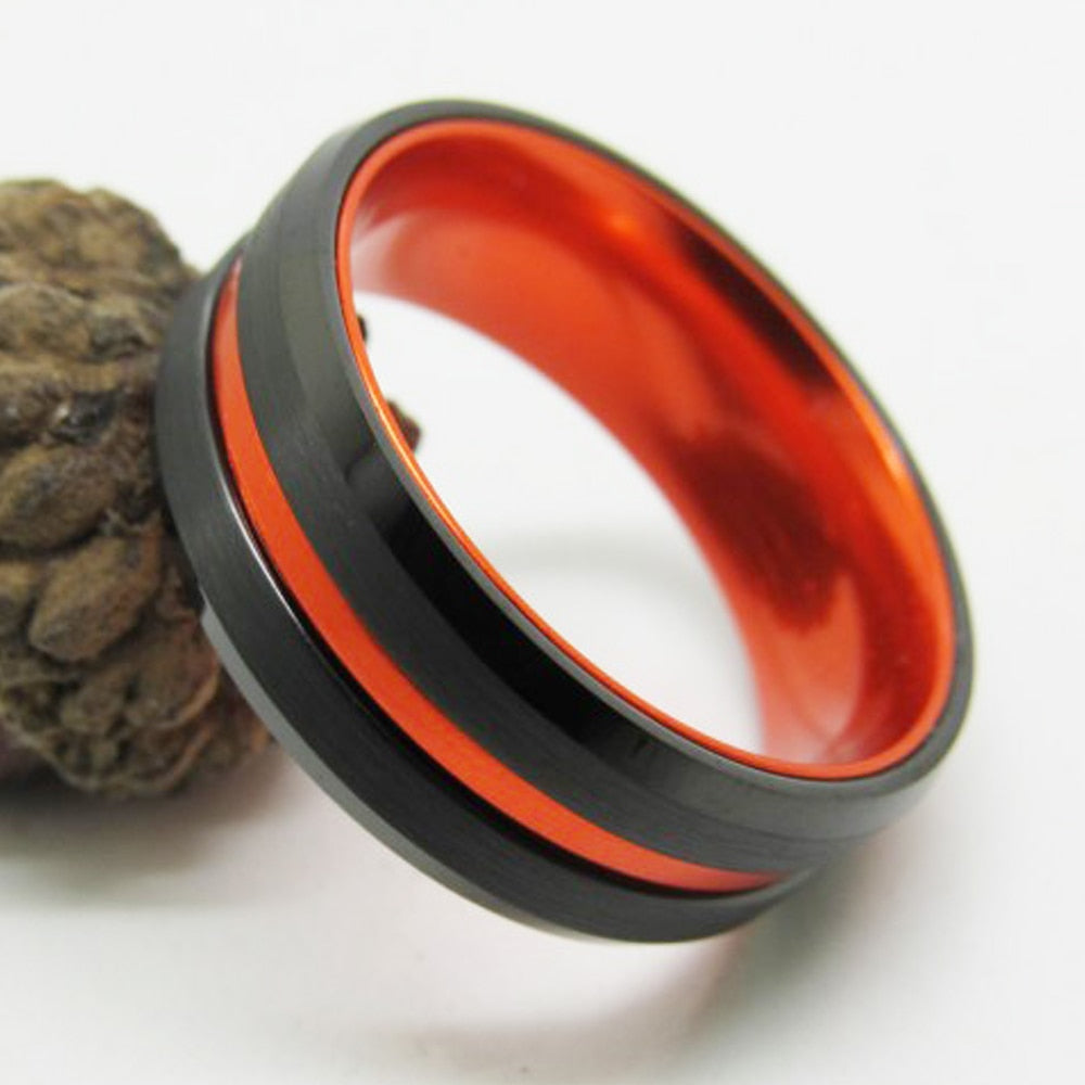 Black Beveled and Orange-Plated Tungsten Fashion Wedding Band-Rings-Innovato Design-6-Innovato Design