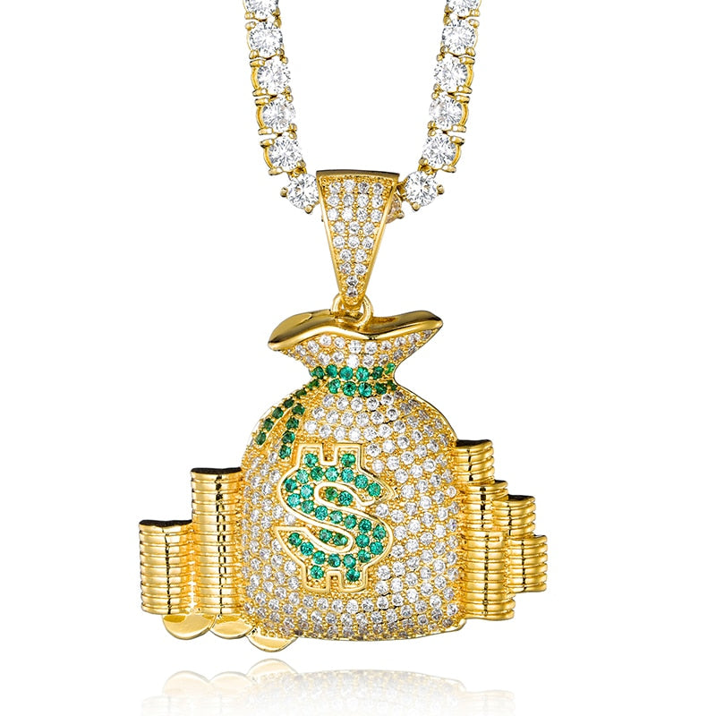 Cubic-Zirconia-Studded Money Bag Bling Hip-hop Pendant Necklace-Necklaces-Innovato Design-Gold-4mm Tennis-20in-Innovato Design