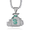 Cubic-Zirconia-Studded Money Bag Bling Hip-hop Pendant Necklace-Necklaces-Innovato Design-Silver-4mm Tennis-20in-Innovato Design