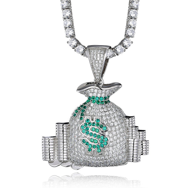 Cubic-Zirconia-Studded Money Bag Bling Hip-hop Pendant Necklace-Necklaces-Innovato Design-Silver-4mm Tennis-20in-Innovato Design