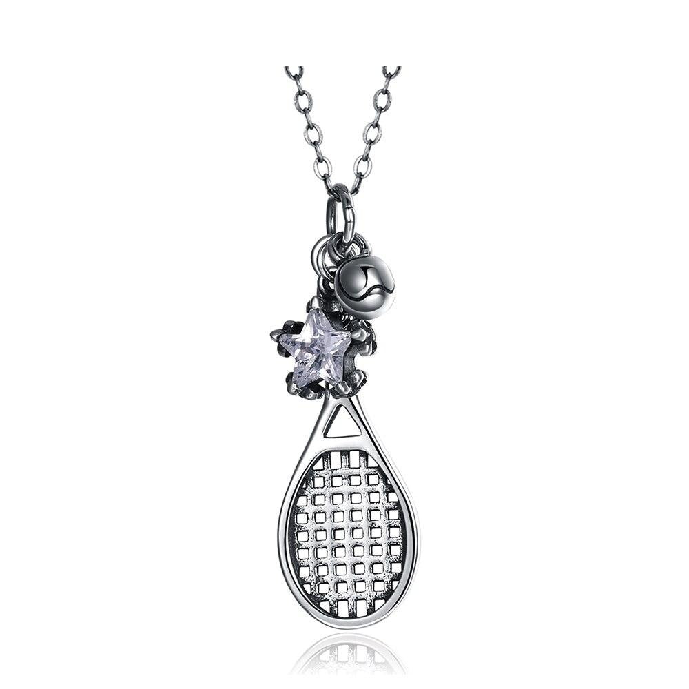 Tennis Racket and Cubic Zirconia Star 925 Sterling Silver Fashion Pendant Necklace-Necklaces-Innovato Design-Innovato Design