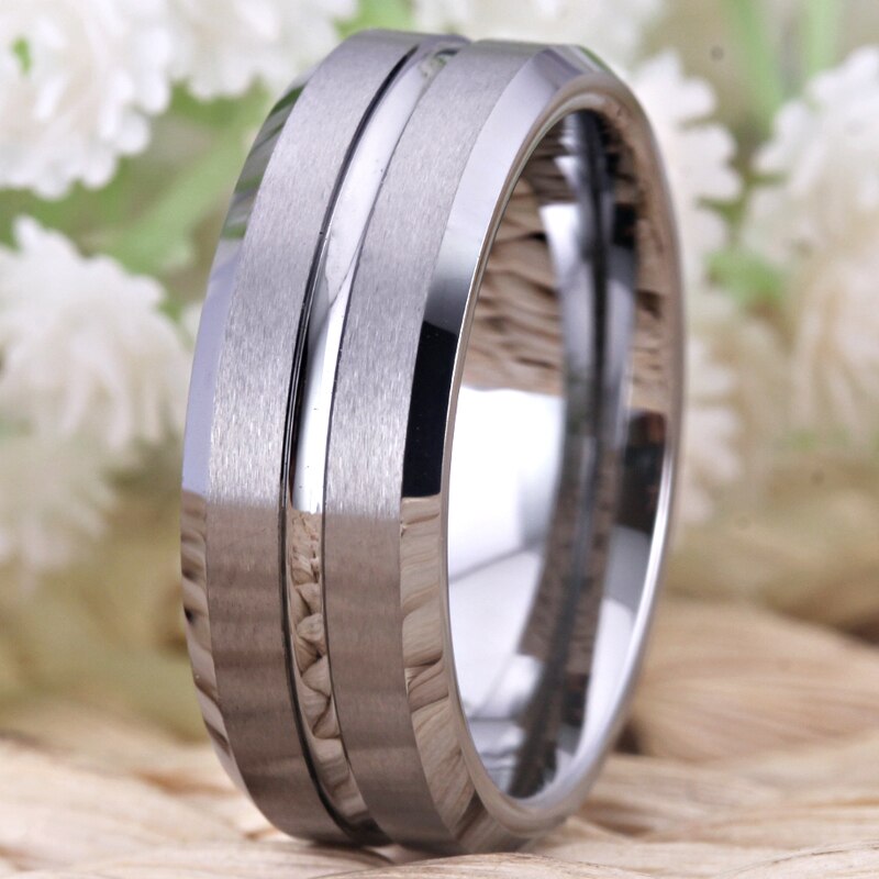 8mm Beveled and Grooved Matte Silver Tungsten Wedding Ring-Rings-Innovato Design-6-Innovato Design