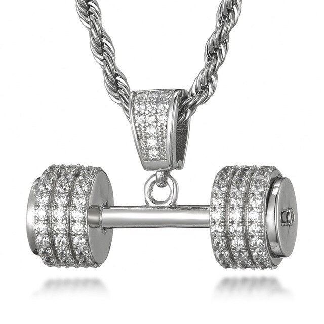 Gemstone-Studded Dumbbell Hip-hop Pendant Necklace-Necklaces-Innovato Design-Silver-4mm Rope-20in-Innovato Design