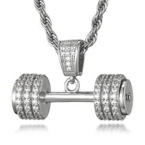 Gemstone-Studded Dumbbell Hip-hop Pendant Necklace-Necklaces-Innovato Design-Silver-4mm Rope-20in-Innovato Design